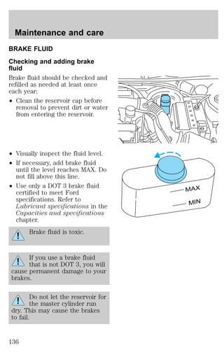 BRAKE FLUID 
Checking and adding brake 
fluid 
Brake fluid should be checked and 
refilled as needed at least once 
each year: 
² Clean the reservoir cap before 
removal to prevent dirt or water 
from entering the reservoir. 
² Visually inspect the fluid level. 
² If necessary, add brake fluid 
until the level reaches MAX. Do 
not fill above this line. 
² Use only a DOT 3 brake fluid 
certified to meet Ford 
specifications. Refer to 
Lubricant specifications in the 
Capacities and specifications 
chapter. 
Brake fluid is toxic. 
If you use a brake fluid 
that is not DOT 3, you will 
cause permanent damage to your 
brakes. 
Do not let the reservoir for 
the master cylinder run 
dry. This may cause the brakes 
to fail. 
MAX 
MIN 
Maintenance and care 
136 
 