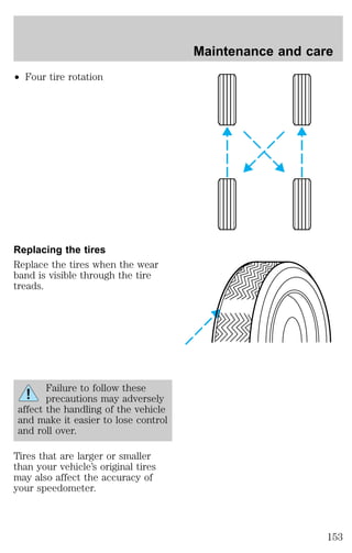 ² Four tire rotation 
Replacing the tires 
Replace the tires when the wear 
band is visible through the tire 
treads. 
Failure to follow these 
precautions may adversely 
affect the handling of the vehicle 
and make it easier to lose control 
and roll over. 
Tires that are larger or smaller 
than your vehicle’s original tires 
may also affect the accuracy of 
your speedometer. 
Maintenance and care 
153 
 