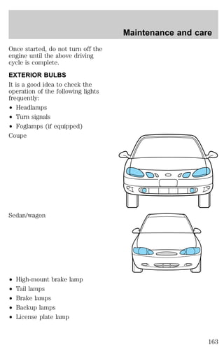 Once started, do not turn off the 
engine until the above driving 
cycle is complete. 
EXTERIOR BULBS 
It is a good idea to check the 
operation of the following lights 
frequently: 
² Headlamps 
² Turn signals 
² Foglamps (if equipped) 
Coupe 
Sedan/wagon 
² High-mount brake lamp 
² Tail lamps 
² Brake lamps 
² Backup lamps 
² License plate lamp 
Maintenance and care 
163 
 