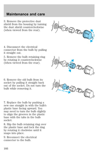 Maintenance and care 
3. Remove the protective dust 
shield from the housing by turning 
the dust shield counterclockwise 
(when viewed from the rear). 
4. Disconnect the electrical 
connector from the bulb by pulling 
it straight out. 
5. Remove the bulb retaining ring 
by rotating it counterclockwise 
(when viewed from the rear). 
6. Remove the old bulb from its 
socket by pulling it straight back 
out of the socket. Do not turn the 
bulb while removing it. 
7. Replace the bulb by pushing a 
new one straight in with the bulb’s 
plastic base facing upward. You 
may need to turn the bulb slightly 
to align the grooves in the plastic 
base with the tabs in the bulb 
socket. 
8. Slip the bulb retaining ring over 
the plastic base and lock the ring 
by rotating it clockwise until it 
snaps into place. 
9. Reconnect the electrical 
connector to the bulb. 
166 
 