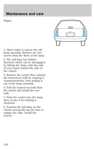 Maintenance and care 
Wagon 
1. Open trunk to expose the tail 
lamp assembly. Remove the two 
screws from the front of the lamp. 
2. The tail lamp has hidden 
fasteners which can be disengaged 
by hitting the lamp, with the side 
of your hand, toward the side of 
the vehicle. 
3. Remove the socket that contains 
the burned-out bulb by rotating it 
counterclockwise, then pulling it 
out of the lamp assembly. 
4. Pull the burned-out bulb from 
the socket and install the new 
bulb. 
5. Push the socket into the lamp, 
then secure it by rotating it 
clockwise. 
6. Position the tail lamp on the 
vehicle and gently tap the lens to 
engage the clips. Install the 
screws. 
170 
 