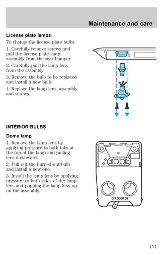 License plate lamps 
To change the license plate bulbs: 
1. Carefully remove screws and 
pull the license plate lamp 
assembly from the rear bumper. 
2. Carefully pull the lamp lens 
from the assembly. 
3. Remove the bulb to be replaced 
and install a new bulb. 
4. Replace the lamp lens, assembly 
and screws. 
INTERIOR BULBS 
Dome lamp 
1. Remove the lamp lens by 
applying pressure to both tabs at 
the top of the lamp and pulling 
lens downward. 
2. Pull out the burned-out bulb 
and install a new one. 
3. Install the lamp lens by applying 
pressure to both sides of the lamp 
lens and popping the lamp lens up 
on the assembly. 
Maintenance and care 
OFF DOOR ON 
171 
 
