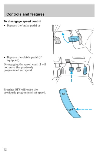 To disengage speed control 
² Depress the brake pedal or 
² Depress the clutch pedal (if 
equipped) 
Disengaging the speed control will 
not erase the previously 
programmed set speed. 
Pressing OFF will erase the 
previously programmed set speed. 
ON 
OFF 
Controls and features 
32 
 