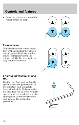 Controls and features 
² Press the bottom portion of the 
rocker switch to open. 
Express down 
To make the driver window open 
fully without holding the window 
control, press the driver window 
control completely down and 
release quickly. Depress again to 
stop window operation. 
POSITIVE RETENTION FLOOR 
MAT 
Position the floor mat so that the 
eyelet is over the pointed end of 
the retention post and rotate 
forward to lock in. Make sure that 
the mat does not interfere with the 
operation of the accelerator or the 
brake pedal. To remove the floor 
mat, reverse the installation 
procedure. 
38 
 