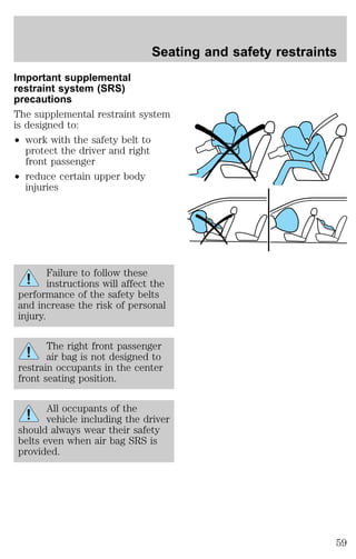 Seating and safety restraints 
Important supplemental 
restraint system (SRS) 
precautions 
The supplemental restraint system 
is designed to: 
² work with the safety belt to 
protect the driver and right 
front passenger 
² reduce certain upper body 
injuries 
Failure to follow these 
instructions will affect the 
performance of the safety belts 
and increase the risk of personal 
injury. 
The right front passenger 
air bag is not designed to 
restrain occupants in the center 
front seating position. 
All occupants of the 
vehicle including the driver 
should always wear their safety 
belts even when air bag SRS is 
provided. 
59 
 