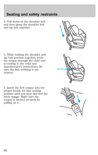 2. Pull down on the shoulder belt 
and then grasp the shoulder belt 
and lap belt together. 
3. While holding the shoulder and 
lap belt portions together, route 
the tongue through the child seat 
according to the child seat 
manufacturer’s instructions. Be 
sure the belt webbing is not 
twisted. 
4. Insert the belt tongue into the 
proper buckle for that seating 
position until you hear and feel the 
latch engage. Make sure the 
tongue is latched securely by 
pulling on it. 
PRESS 
Seating and safety restraints 
68 
 