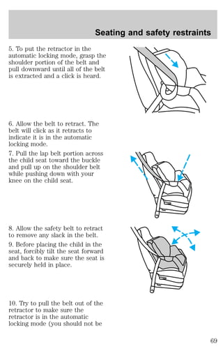 Seating and safety restraints 
5. To put the retractor in the 
automatic locking mode, grasp the 
shoulder portion of the belt and 
pull downward until all of the belt 
is extracted and a click is heard. 
6. Allow the belt to retract. The 
belt will click as it retracts to 
indicate it is in the automatic 
locking mode. 
7. Pull the lap belt portion across 
the child seat toward the buckle 
and pull up on the shoulder belt 
while pushing down with your 
knee on the child seat. 
8. Allow the safety belt to retract 
to remove any slack in the belt. 
9. Before placing the child in the 
seat, forcibly tilt the seat forward 
and back to make sure the seat is 
securely held in place. 
10. Try to pull the belt out of the 
retractor to make sure the 
retractor is in the automatic 
locking mode (you should not be 
69 
 