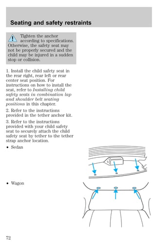 Seating and safety restraints 
Tighten the anchor 
according to specifications. 
Otherwise, the safety seat may 
not be properly secured and the 
child may be injured in a sudden 
stop or collision. 
1. Install the child safety seat in 
the rear right, rear left or rear 
center seat position. For 
instructions on how to install the 
seat, refer to Installing child 
safety seats in combination lap 
and shoulder belt seating 
positions in this chapter. 
2. Refer to the instructions 
provided in the tether anchor kit. 
3. Refer to the instructions 
provided with your child safety 
seat to securely attach the child 
safety seat by tether to the tether 
strap anchor location. 
² Sedan 
² Wagon 
72 
 