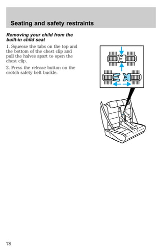 Seating and safety restraints 
Removing your child from the 
built-in child seat 
1. Squeeze the tabs on the top and 
the bottom of the chest clip and 
pull the halves apart to open the 
chest clip. 
2. Press the release button on the 
crotch safety belt buckle. 
78 
 