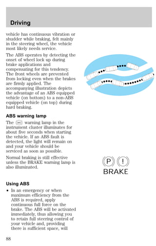 vehicle has continuous vibration or 
shudder while braking, felt mainly 
in the steering wheel, the vehicle 
most likely needs service. 
The ABS operates by detecting the 
onset of wheel lock up during 
brake applications and 
compensating for this tendency. 
The front wheels are prevented 
from locking even when the brakes 
are firmly applied. The 
accompanying illustration depicts 
the advantage of an ABS equipped 
vehicle (on bottom) to a non-ABS 
equipped vehicle (on top) during 
hard braking. 
ABS warning lamp 
The ABS warning lamp in the 
instrument cluster illuminates for 
about five seconds when starting 
the vehicle. If an ABS fault is 
detected, the light will remain on 
and your vehicle should be 
serviced as soon as possible. 
Normal braking is still effective 
unless the BRAKE warning lamp is 
also illuminated. 
Using ABS 
² In an emergency or when 
maximum efficiency from the 
ABS is required, apply 
continuous full force on the 
brake. The ABS will be activated 
immediately, thus allowing you 
to retain full steering control of 
your vehicle and, providing 
there is sufficient space, will 
P ! 
BRAKE 
Driving 
88 
 