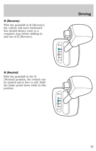R (Reverse) 
With the gearshift in R (Reverse), 
the vehicle will move backward. 
You should always come to a 
complete stop before shifting in 
and out of R (Reverse). 
N (Neutral) 
With the gearshift in the N 
(Neutral) position, the vehicle can 
be started and is free to roll. Hold 
the brake pedal down while in this 
position. 
P 
R 
N 
D 
D 
L 
P 
R 
N 
D 
D 
L 
Driving 
95 
 