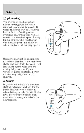 (Overdrive) 
The overdrive position is the 
normal driving position for an 
automatic overdrive transaxle. It 
works the same way as D (Drive) 
but shifts to a fourth gear-an 
overdrive gear-when your vehicle 
cruises at a constant speed for any 
length of time. This fourth gear 
will increase your fuel economy 
when you travel at cruising speeds 
Overdrive may not be appropriate 
for certain terrains. If the transaxle 
shifts back and forth between third 
and fourth gears while you are 
driving hilly roads or if your 
vehicle requires additional power 
for climbing hills, shift into D 
(Drive). 
D (Drive) 
D (Drive) eliminates the needless 
shifting between third and fourth 
gears that your vehicle may do 
when driving in hilly terrain. It also 
gives more engine braking than 
overdrive to slow your vehicle on 
downgrades. 
P 
R 
N 
D 
D 
L 
P 
R 
N 
D 
D 
L 
Driving 
96 
 