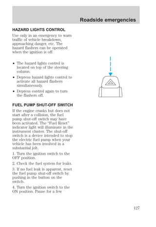 HAZARD LIGHTS CONTROL 
Use only in an emergency to warn 
traffic of vehicle breakdown, 
approaching danger, etc. The 
hazard flashers can be operated 
when the ignition is off. 
² The hazard lights control is 
located on top of the steering 
column. 
² Depress hazard lights control to 
activate all hazard flashers 
simultaneously. 
² Depress control again to turn 
the flashers off. 
FUEL PUMP SHUT-OFF SWITCH 
If the engine cranks but does not 
start after a collision, the fuel 
pump shut-off switch may have 
been activated. The “Fuel Reset” 
indicator light will illuminate in the 
instrument cluster. The shut-off 
switch is a device intended to stop 
the electric fuel pump when your 
vehicle has been involved in a 
substantial jolt. 
1. Turn the ignition switch to the 
OFF position. 
2. Check the fuel system for leaks. 
3. If no fuel leak is apparent, reset 
the fuel pump shut-off switch by 
pushing in the button on the 
switch. 
4. Turn the ignition switch to the 
ON position. Pause for a few 
Roadside emergencies 
127 
 