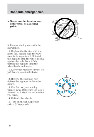 ² Never use the front or rear 
differential as a jacking 
point. 
9. Remove the lug nuts with the 
lug wrench. 
10. Replace the flat tire with the 
spare tire, making sure the valve 
stem is facing outward. Reinstall 
the lug nuts until the wheel is snug 
against the hub. Do not fully 
tighten the lug nuts until the 
wheel has been lowered. 
11. Lower the wheel by turning the 
jack handle counterclockwise. 
12. Remove the jack and fully 
tighten the lug nuts in the order 
shown. 
13. Put flat tire, jack and lug 
wrench away. Make sure the jack is 
fastened so it does not rattle when 
you drive. 
14. Unblock the wheels. 
15. Turn on the air suspension 
switch (if equipped). 
1 
3 4 
5 2 
Roadside emergencies 
144 
 