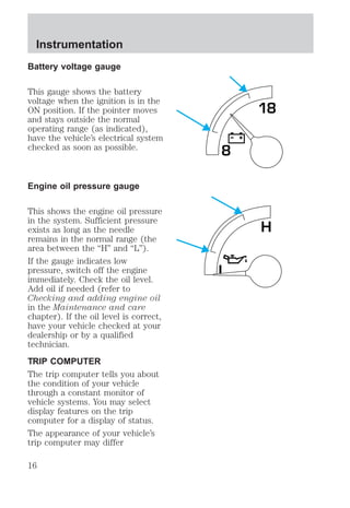 Battery voltage gauge 
This gauge shows the battery 
voltage when the ignition is in the 
ON position. If the pointer moves 
and stays outside the normal 
operating range (as indicated), 
have the vehicle’s electrical system 
checked as soon as possible. 
Engine oil pressure gauge 
This shows the engine oil pressure 
in the system. Sufficient pressure 
exists as long as the needle 
remains in the normal range (the 
area between the “H” and “L”). 
If the gauge indicates low 
pressure, switch off the engine 
immediately. Check the oil level. 
Add oil if needed (refer to 
Checking and adding engine oil 
in the Maintenance and care 
chapter). If the oil level is correct, 
have your vehicle checked at your 
dealership or by a qualified 
technician. 
TRIP COMPUTER 
The trip computer tells you about 
the condition of your vehicle 
through a constant monitor of 
vehicle systems. You may select 
display features on the trip 
computer for a display of status. 
The appearance of your vehicle’s 
trip computer may differ 
8 
18 
L 
H 
Instrumentation 
16 
 