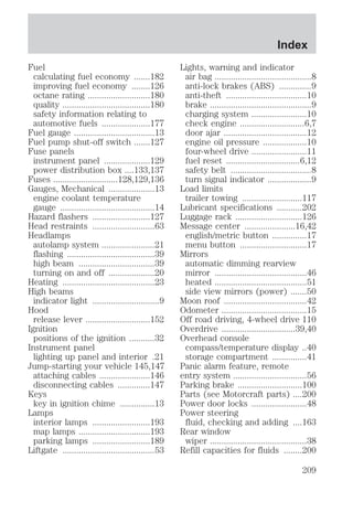 Fuel 
calculating fuel economy .......182 
improving fuel economy ........126 
octane rating ...........................180 
quality ......................................180 
safety information relating to 
automotive fuels .....................177 
Fuel gauge ...................................13 
Fuel pump shut-off switch .......127 
Fuse panels 
instrument panel ....................129 
power distribution box ....133,137 
Fuses ............................128,129,136 
Gauges, Mechanical ....................13 
engine coolant temperature 
gauge .........................................14 
Hazard flashers .........................127 
Head restraints ...........................63 
Headlamps 
autolamp system .......................21 
flashing ......................................39 
high beam .................................39 
turning on and off ....................20 
Heating ........................................23 
High beams 
indicator light .............................9 
Hood 
release lever ............................152 
Ignition 
positions of the ignition ...........32 
Instrument panel 
lighting up panel and interior .21 
Jump-starting your vehicle 145,147 
attaching cables ......................146 
disconnecting cables ..............147 
Keys 
key in ignition chime ...............13 
Lamps 
interior lamps .........................193 
map lamps ...............................193 
parking lamps .........................189 
Liftgate ........................................53 
Index 
Lights, warning and indicator 
air bag ..........................................8 
anti-lock brakes (ABS) ..............9 
anti-theft ...................................10 
brake ............................................9 
charging system ........................10 
check engine ............................6,7 
door ajar ....................................12 
engine oil pressure ...................10 
four-wheel drive ........................11 
fuel reset ................................6,12 
safety belt ...................................8 
turn signal indicator ...................9 
Load limits 
trailer towing ..........................117 
Lubricant specifications ...........202 
Luggage rack .............................126 
Message center ......................16,42 
english/metric button ...............17 
menu button .............................17 
Mirrors 
automatic dimming rearview 
mirror ........................................46 
heated ........................................51 
side view mirrors (power) .......50 
Moon roof ....................................42 
Odometer .....................................15 
Off road driving, 4-wheel drive 110 
Overdrive ................................39,40 
Overhead console 
compass/temperature display ..40 
storage compartment ...............41 
Panic alarm feature, remote 
entry system ................................56 
Parking brake ............................100 
Parts (see Motorcraft parts) ....200 
Power door locks ........................48 
Power steering 
fluid, checking and adding ....163 
Rear window 
wiper ..........................................38 
Refill capacities for fluids ........200 
209 
 