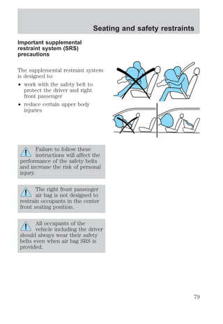 Important supplemental 
restraint system (SRS) 
precautions 
Seating and safety restraints 
The supplemental restraint system 
is designed to: 
² work with the safety belt to 
protect the driver and right 
front passenger 
² reduce certain upper body 
injuries 
Failure to follow these 
instructions will affect the 
performance of the safety belts 
and increase the risk of personal 
injury. 
The right front passenger 
air bag is not designed to 
restrain occupants in the center 
front seating position. 
All occupants of the 
vehicle including the driver 
should always wear their safety 
belts even when air bag SRS is 
provided. 
79 
 