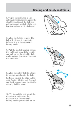 Seating and safety restraints 
5. To put the retractor in the 
automatic locking mode, grasp the 
shoulder portion of the belt and 
pull downward until all of the belt 
is extracted and a click is heard. 
6. Allow the belt to retract. The 
belt will click as it retracts to 
indicate it is in the automatic 
locking mode. 
7. Pull the lap belt portion across 
the child seat toward the buckle 
and pull up on the shoulder belt 
while pushing down with knee on 
the child seat. 
8. Allow the safety belt to retract 
to remove any slack in the belt. 
9. Before placing the child in the 
seat, forcibly tilt the seat forward 
and back to make sure the seat is 
securely held in place. 
10. Try to pull the belt out of the 
retractor to make sure the 
retractor is in the automatic 
locking mode (you should not be 
89 
 