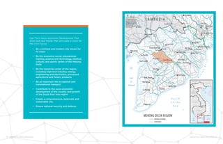 20 ENHANCING URBAN RESILIENCE ENHANCING URBAN RESILIENCE 21
Can Tho’s Socio-economic Development Plan
2020 and new Master Plan articulate a vision for
the city’s future:
•	 Be a civilized and modern city known for
its rivers
•	 Be the economic-social, educational-
training, science and technology, medical,
cultural, and sports center of the Mekong
Delta
•	 Be the industrial center of the region,
including high-tech industry, energy,
engineering and electronics, processed
agricultural and fishery products
•	 Be an important link in regional and
transnational transport
•	 Contribute to the socio-economic
development of the country and growth
of the South East Asia region
•	 Create a comprehensive, balanced, and
sustainable city
•	 Ensure national security and defense
 