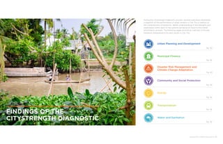 ENHANCING URBAN RESILIENCE 29
Disaster Risk Management and
Climate Change Adaptation
Municipal Finance
Urban Planning and Development
During the CityStrength Diagnostic process, sectoral specialists developed
a snapshot of the performance of urban systems in Can Tho in relation to
the characteristics of resilience. Better understanding of the strengths and
weaknesses within each of the systems served as an input to the overall
prioritization process. The following pages provide an overview of the key
resilience characteristics for each sector in Can Tho.
FINDINGS OF THE
CITYSTRENGTH DIAGNOSTIC
Community and Social Protection
Energy
Water and Sanitation
Transportation
Pg. 30
Pg. 36
Pg. 40
Pg. 46
Pg. 52
Pg. 56
Pg. 62
 