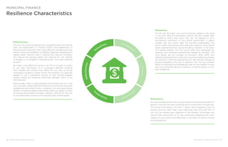 38 ENHANCING URBAN RESILIENCE ENHANCING URBAN RESILIENCE 39
Resilience Characteristics
MUNICIPAL FINANCE
Redundancy
Per national requirement, the city has a reserve fund and puts aside 3-5
percent of annual recurrent expenditures for unplanned contingencies.
The annual contingency line item is drawn down frequently, but the
reserve fund has never been used (interviews with DOF and DPI). It
can only be utilized upon approval of the People’s Committee and
carries other restrictions on its use, potentially weakening the city’s
capacity to act quickly and effectively in the event of serious shocks
and emergencies.
Reflectiveness
The city’s structure of expenditures is straightforward, but officials
from the Department of Finance (DOF) and Department of
Planning and Investment (DPI) have difficulty considering future
trends in resource availability or different agencies’ operating and
capital needs, beyond what is required by national mandates.
This reduces the general ability and incentive for city officials
to engage in a thoughtful, scenario-based, multi-year planning
process.
As noted in the DRM/CCA section, Can Tho is not able to collect
or use clear information on its contingent liabilities resulting
from disaster and climate risks. While the city uses its annual
contingency budget to soften shocks and stresses, city agencies
appear to use a substantial portion of their annual budgets
toward coping and repairing small-scale damage, which is not
well captured.
More broadly, there is a gap between the priorities laid out in the
city’s five-year master plan and the amount of financial resources
available and allocated to them. In addition, the municipal finance
system, including budgeting processes, does not appear to draw
on performance-based principles, making it difficult for the city
to cost-effectively maintain and manage public-owned assets.
Robustness
For the last ten years, own-source revenues appear to be rising
in line with GDP and population growth (10-year budget data
provided by DOF). Also, given that Can Tho appears to be a
net-revenue contributor to the central government, it seems
unlikely that the current debt will become unaffordable. The
city’s current provisioning and reserving is able to cover recent
losses experienced from annual flooding. However, in the event
of a severe disaster, Can Tho could suffer from decreased tax
revenues and increased expenditures needed for recovery. The
city’s assets are not covered by insurance (SCE, 2013), and
additional development in Vietnam’s insurance market would likely
be required in order for appropriate and well-priced coverage to
become available to the city. In addition, Can Tho has a limited
ability to financially and strategically plan for the medium to long
term as its financial decision-making is currently based on one-
year budgeting.
 