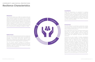 50 ENHANCING URBAN RESILIENCE ENHANCING URBAN RESILIENCE 51
Coordination
Several city departments are responsible for managing
a fragmented set of safety net programs, including the
Department of Labor, War Invalids, and Social Affairs (DOLISA)
for poverty reduction, Committee for Ethnic minorities for
social inclusion, and Department of Agriculture and Rural
Development for livelihood support to farmers. However, there
is limited coordination between these programs (interviews
with DOH, DOLISA and DARD).
Resilience Characteristics
COMMUNITY AND SOCIAL PROTECTION
Inclusiveness
Can Tho is inclusive in its provision to some basic services,
including electricity, schooling, and healthcare, but struggles
with providing universal access to safe water and sanitation
services, especially among the poor.
With a higher poverty rate, ethnic minorities are a high-priority
target group for poverty reduction safety net programs
(interview with DOLISA). Different community groups are
represented by mass organizations such as the Women’s
Union, People with Disabilities’ Association, and Farmers’
Association.
Communities are also included in disaster preparedness
activities and response planning, and receive emergency
response training by organizations such as the Red Cross
(interviews with civil society and DPC representatives).
However, communities are less involved in the design of
citywide risk reduction strategies (interviews with CCCO
and DARD). The existing disaster risk management (DRM)
plans, for example, were developed without consulting with
communities, including those living along the canals. The
active participation of families, local authorities, and local
communities in risk assessments, design of works, and
implementation and monitoring of activities can help reduce
the impact of seasonal flooding as well as future climate
impacts. When disaster preparedness and mitigation works
are not options, the feasibility of preventative resettlement
depends on the active participation of communities at risk.
Reflectiveness
Affected communities have learned from previous stresses and
have, over time, developed several disaster risk management
strategies. These include shifting their livelihoods from
agriculture to aquaculture and elevating roads to reduce
mobility disruptions during the flood season (field observations
and interviews with PC representatives of rural districts).
The city’s poverty reduction strategies are informed by
regular monitoring of poverty trends (interview with DOLISA).
However, it is uncertain to what extent the city’s poverty data
adequately reflect the presence and conditions of migrant
groups and informal settlements.
Robustness
Can Tho has a diverse set of safety net programs that cover
needs of groups such as ethnic minorities, the poor, the elderly,
orphans and the disabled. The programs focus on poverty
reduction and disaster reconstruction and compensation. Yet,
despite the numerous safety net programs, poor populations
continue to be disproportionally affected by natural hazards
through damages to housing and loss of livelihoods. In
addition, rapid urbanization is negatively impacting the urban
poor due to lack of basic services and increasing exposure to
environmental pollution (Challenge to Change et al., 2009).
 