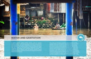 62 ENHANCING URBAN RESILIENCE ENHANCING URBAN RESILIENCE 63
WATER AND SANITATION
A resilient sanitation system provides inclusive access to sanitation
services. It takes a holistic planning approach that takes social, economic,
and environmental risks and vulnerabilities into account. Planning for
and investment in the sanitation system is driven by demand and supply
data, and is based on cross-departmental collaborations that support
coordination with existing urban development plans and priorities. In a
resilient city there is sufficient human and technical capacity to ensure
sustainable operation, maintenance and financial management of sanitation
infrastructure and services.
Until recently, Can Tho lacked a coordinating body for sanitation activities,
resulting in limited cross-departmental collaboration; the City Environmental
Sanitation Coordinating Committee was established to serve this purpose
and implement the City Sanitation Development Plan (Can Tho CPC, 2013).
Poor financial management of sanitation infrastructure in combination with
insufficient capital investments (interviews with DPI and DOC), which mainly
comes from the state budget, has led to a lack of financial sustainability for
the sanitation sector. This has resulted in the under-development of sanitation
infrastructure systems including drainage, wastewater collection and treatment,
and solid waste disposal (Can Tho CPC, 2013). There is no treatment of domestic
or industrial wastewater, for example, and facilities for domestic and medical
solid waste management are limited (interview with DOH; SCE, 2013); “a large
 