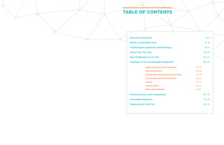 TABLE OF CONTENTS
Executive Summary								 8-11
What is a Resilient City?							 12-15
CityStrength Diagnostic Methodology	 				 16-17
About Can Tho City		 						 18-25
Key Challenges in Can Tho	 						 26-27
Findings of the CityStrength Diagnostic					 28-67
Urban Planning and Development			 30-35	
Municipal Finance						36-39
Disaster Risk Management and Climate 			 40-45
Community and Social Protection			 46-51
Energy							52-55
Transportation						56-61		
Water and Sanitation					62-67
Priority Actions and Investments	 					 68-73
Immediate Measures								 74-75
Resources on Can Tho	 							76-79
 
