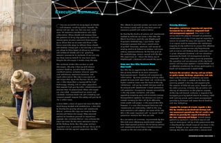 8 ENHANCING URBAN RESILIENCE ENHANCING URBAN RESILIENCE 9
Executive Summary	
Tho, efforts to promote greater resilience must
be closely aligned with its long-term goals of
economic growth and modernization.
To identify the bundle of actions and investments
needed to enhance resilience in Can Tho, the
World Bank team used the new CityStrength
Diagnostic Methodology, a qualitative, rapid
diagnostic process that uses a combination
of guided interviews, exercises, and review of
existing studies to determine sectoral and cross-
cutting recommendations. As the first pilot of
the methodology, lessons learned with the Can
Tho experience will inform the future use of
CityStrength in Vietnam and around the world.
How can Can Tho Become More
Resilient?
Can Tho has an opportunity to address the
two primary threats to its socio-economic
development goals—flooding and uncontrolled
urbanization—by more proactively guiding urban
growth to areas with lower flood risk, including the
higher elevation areas near the heart of the city.
Institutional- and policy-related changes need to
be coupled with investments in flood prevention
and protection, transport to improve connectivity
in the city center, sanitation, and urban
upgrading targeting poor and vulnerable groups.
Transportation systems, for example are usually
viewed narrowly for their ability to efficiently
move goods and people. In the case of Can Tho,
however, it is clear that transport decisions and
investments are inextricably linked to the long-
term economic and physical resilience of the city.
This is the most important and “no regret” flood
prevention measure Can Tho can take.
As a collection of initiatives, implemented by Can
Tho with more effectively coordinated support
from development partners, the following actions
and investments could have a transformational
impact on the resilience of the city.
Priority Actions
Strengthen institutional capacity and legislative
frameworks for an effective integrated flood
risk management approach. Resilience is not
solely about the physical strength ­of protective
infrastructure in a city; it also requires capacity to
ensure its smooth delivery and operation. There
is an urgent need to strengthen the institutional
capacity of city authorities to ensure that effective
coordination across various city departments
and ministries and Mekong Delta provinces is put
in place, adequate structural and non-structural
measures for flood risk management are fully
integrated in the city’s urban planning processes,
the operation and maintenance of the city flood
control and drainage systems is consolidated, and
an effective mechanism for citizen participation in
flood risk management is established.
Enhance the collection, sharing, and use of data
on public assets, buildings, population, and risks.
Data is the foundation of effective resilience
planning. This data is needed as the basis for
planning growth in the city, and especially for
the creation of detailed area plans. Beyond use
for urban planning initiatives, the collection and
sharing of information on the physical aspects
of the city and hazard incidence is important for
transport planning (which should be closely linked
with land use plans), public asset management,
quantifying damages and losses due to flooding,
and local budgeting.
Improve the analysis of climate impacts in Can
Tho by introducing standardized damage and
loss assessment procedures that will enable local
officials to quantify the impact of flooding on
the local economy and budget. Hazard events
potentially represent a significant explicit and
implicit contingent liability of the government that
is shouldered by a broad range of line items in the
annual budget, as well as unseen lost economic
activity. Can Tho has established a reserve fund
Cities are vulnerable to many types of shocks
and stresses, including natural hazards like
storms and sea level rise, but also man-made
ones like economic transformation and rapid
urbanization. These shocks and stresses have
the potential to bring city systems to a halt and
reverse years of socio-economic development
gains. Cities that are to grow and thrive in the
future must take steps to address these shocks
and stresses. Simply put, a resilient city is one that
can adapt to these types of changing conditions
and withstand shocks while still providing
essential services to its residents. A resilient city
can keep moving toward its long-term goals
despite the challenges it meets along the way.
The residents of Can Tho are familiar with
challenges—the city is dealing with chronic
seasonal flooding, periodic flood disasters,
riverbank erosion, saltwater intrusion, possible
land subsidence, economic transition, and
rapid urbanization. The city is also aware of
challenges that lay on the horizon like sea level
rise, a labor force that is unprepared for high-
technology industry, and an urban population
that expects high-quality urban infrastructure and
services from its government. These challenges
are interlinked—encroachment on canals and
riverbeds increases flood risk, while flooding and
rampant growth impacts the safety and quality of
life in urban areas.
In June 2014, a team of specialists from the World
Bank Group worked with stakeholders in Can Tho
to identify the priority actions and investments
that will enhance the city’s resilience to these
current and future challenges. They explored
options to transform planned or aspirational
projects into initiatives that will also enhance the
city’s resilience. As the socio-economic engine
of the Mekong Delta, Can Tho plays multiple
important roles in promoting the well-being of its
residents and the regional population. For Can
 