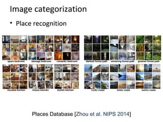 Image categorization
• Place recognition
Places Database [Zhou et al. NIPS 2014]
 