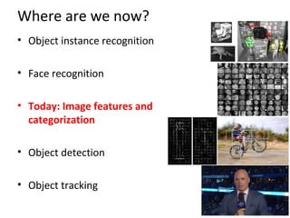 Where are we now?
• Object instance recognition
• Face recognition
• Today: Image features and
categorization
• Object detection
• Object tracking
 