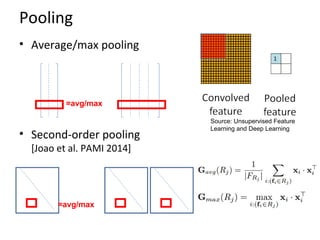 Pooling
• Average/max pooling
• Second-order pooling
[Joao et al. PAMI 2014]
Source: Unsupervised Feature
Learning and Deep Learning
=avg/max
=avg/max
 