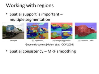 Working with regions
• Spatial support is important –
multiple segmentation
• Spatial consistency – MRF smoothing
Geometric context [Hoiem et al. ICCV 2005]
 