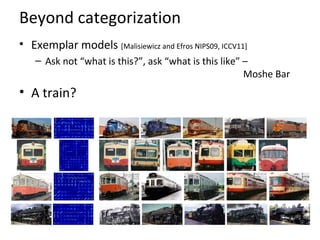 Beyond categorization
• Exemplar models [Malisiewicz and Efros NIPS09, ICCV11]
– Ask not “what is this?”, ask “what is this like” –
Moshe Bar
• A train?
 