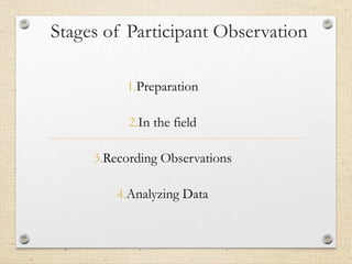 Stages of Participant Observation
1.Preparation
2.In the field
3.Recording Observations
4.Analyzing Data
 
