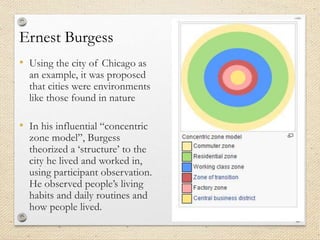 Ernest Burgess
• Using the city of Chicago as
an example, it was proposed
that cities were environments
like those found in nature
• In his influential “concentric
zone model”, Burgess
theorized a ‘structure’ to the
city he lived and worked in,
using participant observation.
He observed people’s living
habits and daily routines and
how people lived.
 