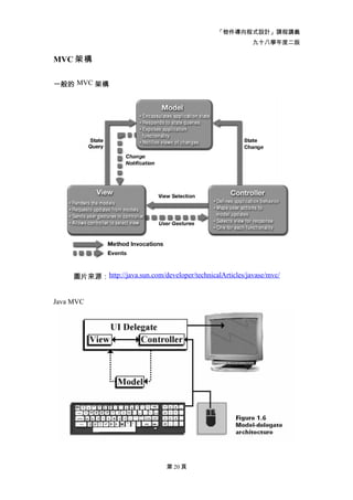 「物件導向程式設計」課程講義
                                                            九十八學年度二版

MVC 架構

一般的 MVC 架構




     圖片來源：http://java.sun.com/developer/technicalArticles/javase/mvc/


Java MVC




                                 第 20 頁
 