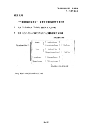 「物件導向程式設計」課程講義
                                                      九十八學年度二版

檔案處理

     Java 檔案的處理架構如下，針對文字檔的處理有兩種方式：


1.   利用 FileReader 與 FileWriter 讀取與寫入文字檔

2.   利用 BufferedReader 與 BufferedWriter 讀取與寫入文字檔




[Swing Application]SourceReader.java




                                       第 42 頁
 
