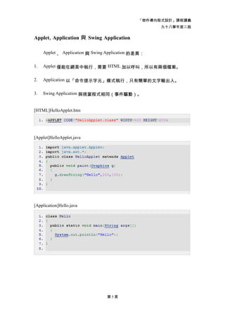 「物件導向程式設計」課程講義
                                                     九十八學年度二版

Applet, Application 與 Swing Application

     Applet 、 Application 與 Swing Application 的差異：


1.   Applet 僅能在網頁中執行，需要 HTML 加以呼叫，所以有兩個檔案。


2.   Application 以「命令提示字元」模式執行，只有簡單的文字輸出入。


3.   Swing Application 與視窗程式相同（事件驅動）。


[HTML]HelloApplet.htm




[Applet]HelloApplet.java




[Application]Hello.java




                                 第5頁
 