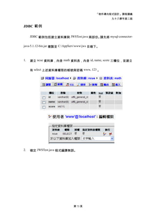 「物件導向程式設計」課程講義
                                                  九十八學年度二版

JDBC 範例

     JDBC 範例包括建立資料庫與 JWSTest.java 兩部份。請先將 mysql-connector-

java-5.1.12-bin.jar 複製至 C:AppServwwwjws 目錄下。



1.   建立 ncue 資料庫，內含 math 資料表，內含 id, name, score 三欄位，並建立


     有 select 上述資料庫權限的帳號與密碼 www, 123 。




2.   確定 JWSTest.java 程式編譯無誤。




                               第 75 頁
 