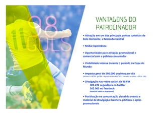 • Ativação em um dos principais pontos turísticos de
Belo Horizonte, o Mercado Central
• Mídia Espontânea
• Oportunidade para ativação promocional e
comercial com o público consumidor
• Visibilidade intensa durante o período da Copa do
Mundo
• Impacto geral de 560.000 ouvintes por dia
(Alcance – IBOPE: grd BH – Agosto a Outubro/2013 – Ambos os sexos – 6h às 19h)

• Divulgação nas redes sociais da 98 FM
301.222 seguidores no twitter
362.065 no facebook
(soma de todos os programas)

• Positivação na comunicação visual do evento e
material de divulgação: banners, pórticos e ações
promocionais

 