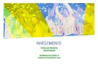 TOTAL DO PROJETO:
R$250.000,00
NÚMERO DE COTAS: 4
FORMA DE PAGAMENTO: 15dm

 