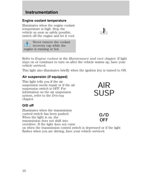 Engine coolant temperature 
Illuminates when the engine coolant 
temperature is high. Stop the 
vehicle as soon as safely possible, 
switch off the engine and let it cool. 
Never remove the coolant 
recovery cap while the 
engine is running or hot. 
Refer to Engine coolant in the Maintenance and care chapter. If light 
stays on or continues to turn on after the vehicle warms up, have your 
vehicle serviced. 
This light also illuminates briefly when the ignition key is turned to ON. 
Air suspension (if equipped) 
This light tells you if the air 
suspension needs repair or if the air 
AIR 
suspension switch is OFF. For 
information on the air suspension 
SUSP 
system, refer to the Driving 
chapter. 
O/D off 
Illuminates when the transmission 
control switch has been pushed. 
O/D 
When the light is on, the 
transmission does not shift into 
OFF 
overdrive. If the light does not come 
on when the transmission control switch is depressed or if the light 
flashes when you are driving, have your vehicle serviced. 
Instrumentation 
10 
 