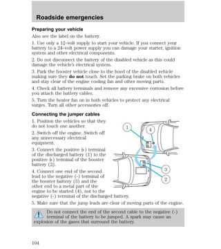 Preparing your vehicle 
Also see the label on the battery. 
1. Use only a 12–volt supply to start your vehicle. If you connect your 
battery to a 24–volt power supply you can damage your starter, ignition 
system and other electrical components. 
2. Do not disconnect the battery of the disabled vehicle as this could 
damage the vehicle’s electrical system. 
3. Park the booster vehicle close to the hood of the disabled vehicle 
making sure they do not touch. Set the parking brake on both vehicles 
and stay clear of the engine cooling fan and other moving parts. 
4. Check all battery terminals and remove any excessive corrosion before 
you attach the battery cables. 
5. Turn the heater fan on in both vehicles to protect any electrical 
surges. Turn all other accessories off. 
Connecting the jumper cables 
1. Position the vehicles so that they 
do not touch one another. 
1 4 
2. Switch off the engine. Switch off 
any unnecessary electrical 
equipment. 
3. Connect the positive (+) terminal 
of the discharged battery (1) to the 
positive (+) terminal of the booster 
battery (2). 
4. Connect one end of the second 
lead to the negative (-) terminal of 
the booster battery (3) and the 
other end to a metal part of the 
engine to be started (4), not to the 
negative (-) terminal of the discharged battery. 
5. Make sure that the jump leads are clear of moving parts of the engine. 
– 
Do not connect the end of the second cable to the negative (-) 
terminal of the battery to be jumped. A spark may cause an 
explosion of the gases that surround the battery. 
+ 
– 
+ 
3 
2 
Roadside emergencies 
104 
 