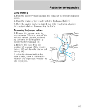 Roadside emergencies 
Jump starting 
1. Start the booster vehicle and run the engine at moderately increased 
speed. 
2. Start the engine of the vehicle with the discharged battery. 
3. Once the engine has been started, run both vehicles for a further 
three minutes before disconnecting the leads. 
Removing the jumper cables 
1. Remove the jumper cables in 
reverse order. Take the cable off the 
4 metallic surface (1) first, followed 
1 
by the cable on the negative (-) 
booster battery terminal (2). 
+ 
2. Remove the cable from the 
positive (+) terminal of the booster 
battery (3) and then the discharged 
battery (4). 
3. After the disabled vehicle has 
been started, allow it to idle for a 
while so the engine can “relearn” its 
idle conditions. 
– 
– 
+ 
2 
3 
105 
 