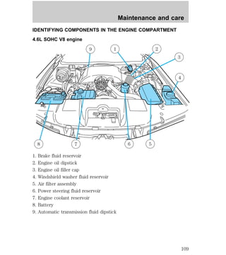 Maintenance and care 
IDENTIFYING COMPONENTS IN THE ENGINE COMPARTMENT 
4.6L SOHC V8 engine 
9 1 2 
1. Brake fluid reservoir 
2. Engine oil dipstick 
3. Engine oil filler cap 
4. Windshield washer fluid reservoir 
5. Air filter assembly 
6. Power steering fluid reservoir 
7. Engine coolant reservoir 
8. Battery 
9. Automatic transmission fluid dipstick 
3 
8 7 6 5 
4 
109 
 