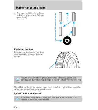 Maintenance and care 
² Five tire rotation (for vehicles 
with steel wheels and full size 
spare tires) 
Replacing the tires 
Replace the tires when the wear 
band is visible through the tire 
treads. 
Failure to follow these precautions may adversely affect the 
handling of the vehicle and make it easier to lose control and roll 
over. 
Tires that are larger or smaller than your vehicle’s original tires may also 
affect the accuracy of your speedometer. 
SNOW TIRES AND CHAINS 
Snow tires must be the same size and grade as the tires you 
currently have on your vehicle. 
126 
 