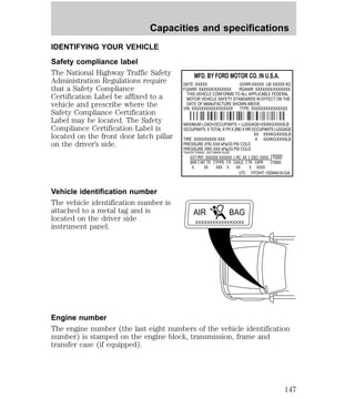 Capacities and specifications 
IDENTIFYING YOUR VEHICLE 
Safety compliance label 
The National Highway Traffic Safety 
Administration Regulations require 
that a Safety Compliance 
Certification Label be affixed to a 
vehicle and prescribe where the 
Safety Compliance Certification 
Label may be located. The Safety 
Compliance Certification Label is 
located on the front door latch pillar 
on the driver’s side. 
Vehicle identification number 
The vehicle identification number is 
attached to a metal tag and is 
located on the driver side 
instrument panel. 
MFD. BY FORD MOTOR CO. IN U.S.A. 
DATE: XXXXX GVWR:XXXXX LB/ XXXXX KG 
FGAWR: XXXXXX/XXXXXXX RGAWR: XXXXXXX/XXXXXXX 
THIS VEHICLE CONFORMS TO ALL APPLICABLE FEDERAL 
MOTOR VEHICLE SAFETY STANDARDS IN EFFECT ON THE 
DATE OF MANUFACTURE SHOWN ABOVE. 
VIN: XXXXXXXXXXXXXXXXX TYPE: XXXXXXXXXXXXXXX 
MAXIMUM LOAD=OCCUPANTS + LUGGAGE=XXXKG/XXXXLB 
OCCUPANTS: X TOTAL X FR X 2ND X RR OCCUPANTS LUGGAGE 
XX XXXKG/XXXXLB 
TIRE: XXXX/XXXXX XXX X XXXKG/XXXXLB 
PRESSURE (FR) XXX kPa/33 PSI COLD 
PRESSURE (RR) XXX kPa/33 PSI COLD 
TRAILER TOWING - SEE OWNER GUIDE 
EXT PNT: XXXXXX XXXXXX RC: XX DSO: XXXX F0000 
BAR INT TR TP/PS R AXLE TR SPR T0000 
X XX XXX X XX X XXXX 
UTC ÑFOHT-15294A10-GA 
AIR BAG 
XXXXXXXXXXXXXXXXX 
Engine number 
The engine number (the last eight numbers of the vehicle identification 
number) is stamped on the engine block, transmission, frame and 
transfer case (if equipped). 
147 
 