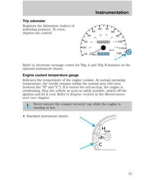 Trip odometer 
Registers the kilometers (miles) of 
individual journeys. To reset, 
depress the control. 
30 
40 
60 
Instrumentation 
80 
100 120 
140 
160 
180 
000000 
Refer to electronic message center for Trip A and Trip B features on the 
optional instrument cluster. 
Engine coolant temperature gauge 
Indicates the temperature of the engine coolant. At normal operating 
temperature, the needle remains within the normal area (the area 
between the “H” and “C”). If it enters the red section, the engine is 
overheating. Stop the vehicle as soon as safely possible, switch off the 
ignition and let it cool. Refer to Engine coolant in the Maintenance 
and care chapter. 
Never remove the coolant recovery cap while the engine is 
running or hot. 
² Standard instrument cluster 
0 0 0 0 
20 
40 
50 
60 70 
80 
90 
100 
110 
10 120 20 
MPH 
km/h 
H 
TEMP 
C 
15 
 
