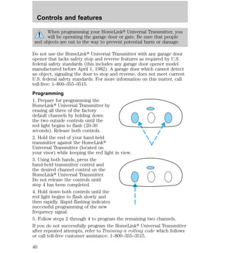 Controls and features 
When programming your HomeLinkt Universal Transmitter, you 
will be operating the garage door or gate. Be sure that people 
and objects are out to the way to prevent potential harm or damage. 
Do not use the HomeLinkt Universal Transmitter with any garage door 
opener that lacks safety stop and reverse features as required by U.S. 
federal safety standards (this includes any garage door opener model 
manufactured before April 1, 1982). A garage door which cannot detect 
an object, signaling the door to stop and reverse, does not meet current 
U.S. federal safety standards. For more information on this matter, call 
toll-free: 1–800–355–3515. 
Programming 
1. Prepare for programming the 
HomeLinkt Universal Transmitter by 
erasing all three of the factory 
default channels by holding down 
the two outside controls until the 
red light begins to flash (20-30 
seconds). Release both controls. 
2. Hold the end of your hand-held 
transmitter against the HomeLinkt 
Universal Transmitter (located on 
your visor) while keeping the red light in view. 
3. Using both hands, press the 
hand-held transmitter control and 
the desired channel control on the 
HomeLinkt Universal Transmitter. 
Do not release the controls until 
step 4 has been completed. 
4. Hold down both controls until the 
red light begins to flash slowly and 
then rapidly. Rapid flashing indicates 
successful programming of the new 
frequency signal. 
5. Follow steps 2 through 4 to program the remaining two channels. 
If you do not successfully program the HomeLinkt Universal Transmitter 
after repeated attempts, refer to Training a rolling code which follows 
or call toll-free customer assistance: 1–800–355–3515. 
40 
 